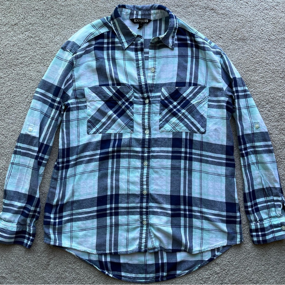 Express Aqua Turquoise Blue plaid Button Up shirt XS